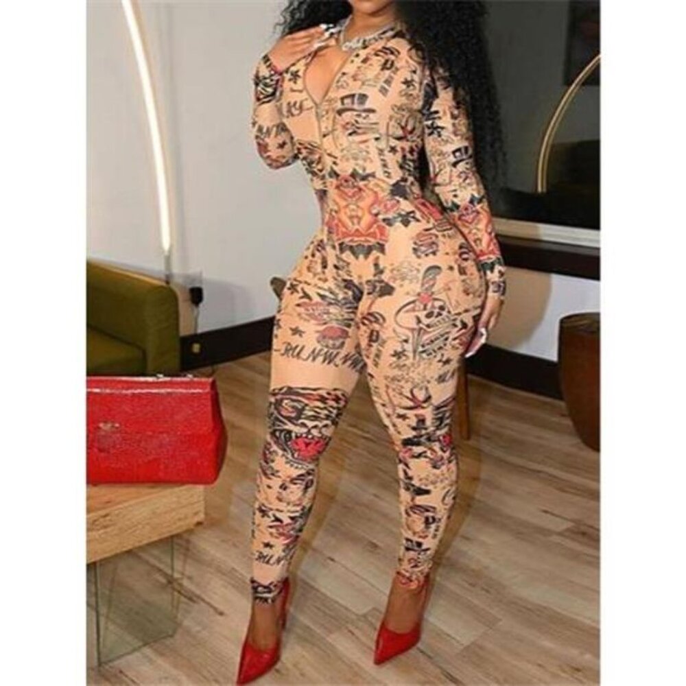 Printed Zip Front Long Sleeve Jumpsuit